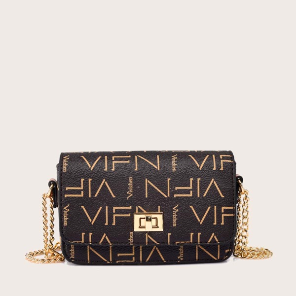 

Letter Graphic Chain Crossbody Bag, Brown