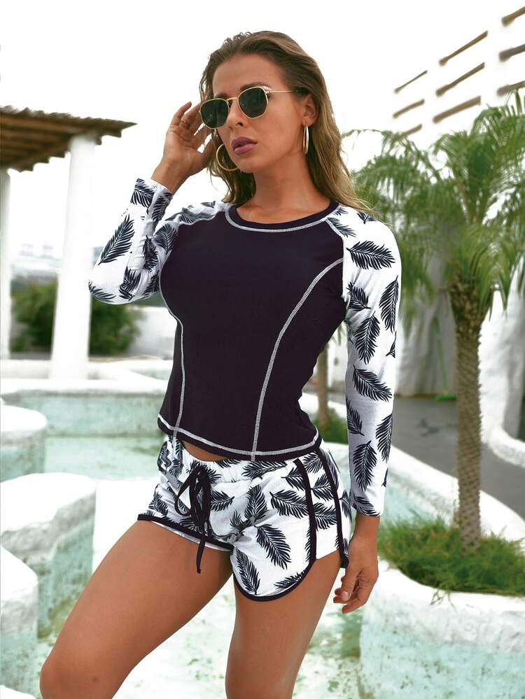 Leaf Random Print Shorts Rashguard With Long Sleeve Swim Shirt Summer Beach - Black and White - View 3