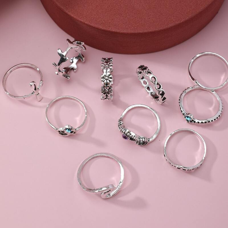 

10pcs Rhinestone Floral Ring, Silver