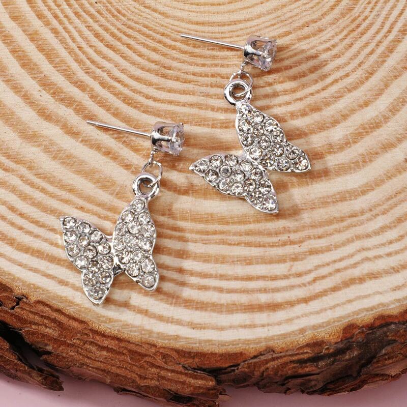 

Rhinestone Butterfly Drop Earrings, Silver