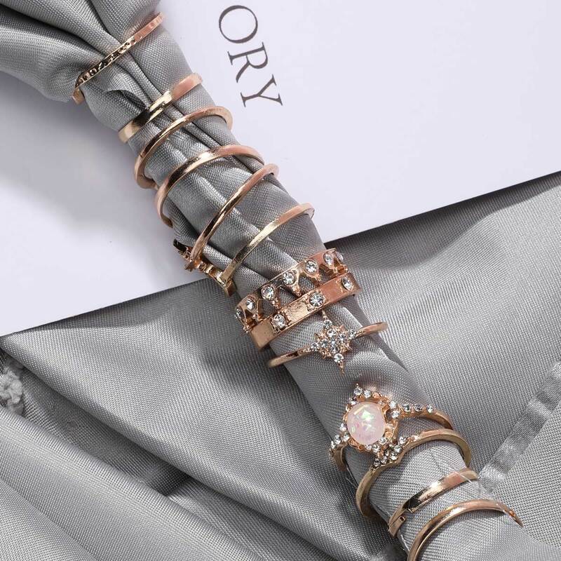 

13pcs Rhinestone Star & Moon Ring, Gold