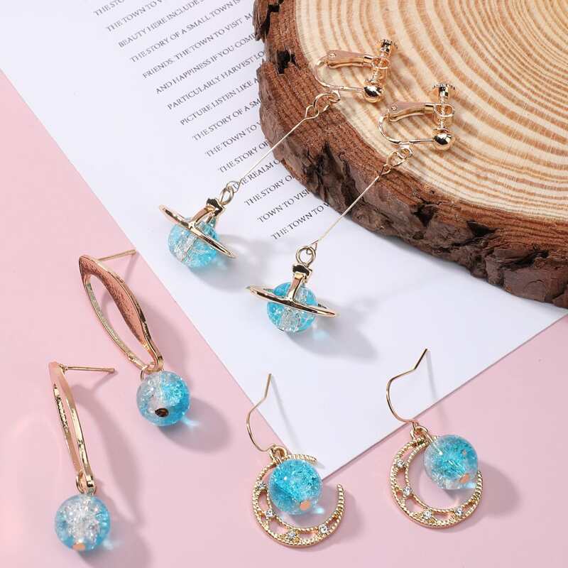 

3pairs Crystal Ball & Moon Drop Earrings, Gold