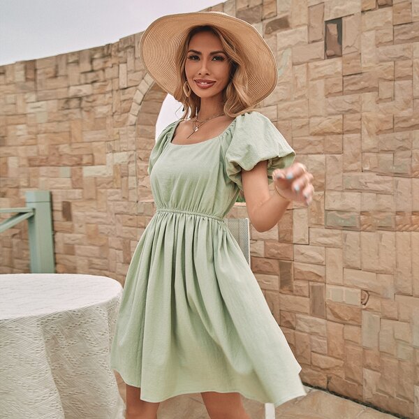 

Puff Sleeve Scoop Neck Solid Dress, Mint green