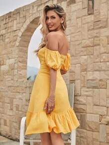 Off Shoulder Puff Sleeve Ruffle Hem Dress - Yellow - View 2