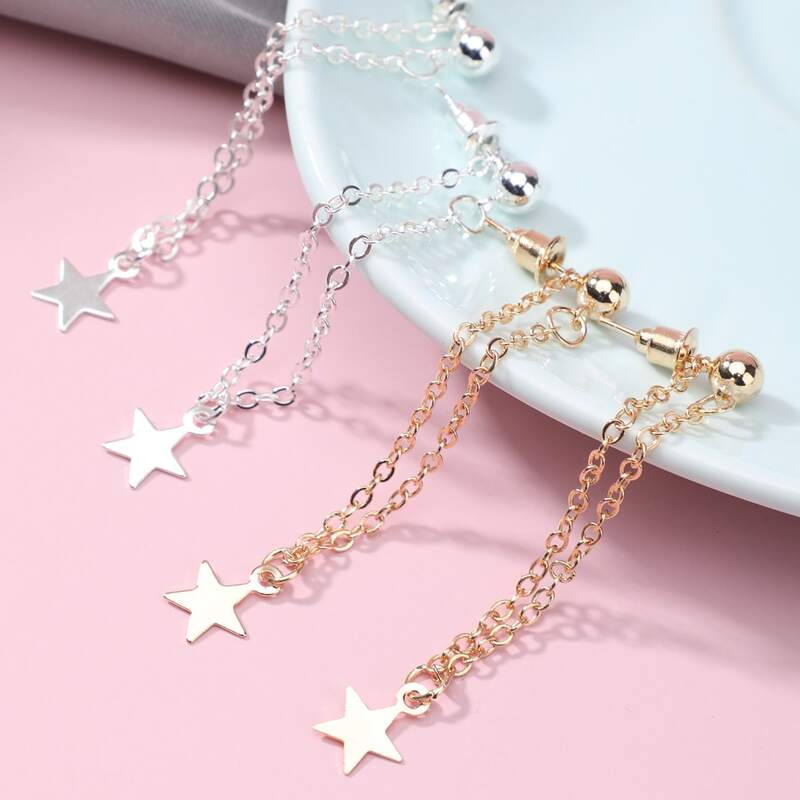 

2pairs Star Chain Drop Earrings, Multicolor