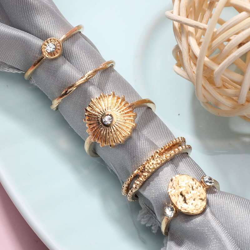

5pcs Rhinestone Coin Ring, Gold
