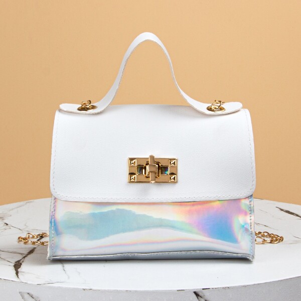 

Holographic Turn Lock Satchel Bag, White