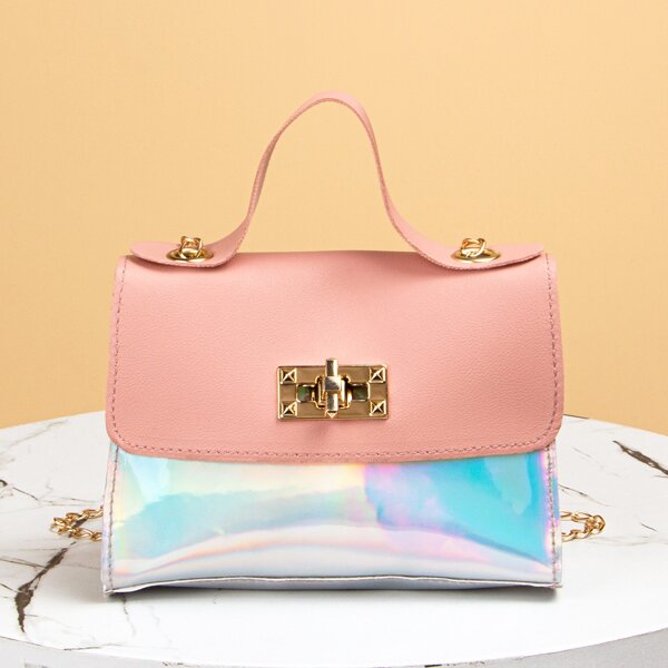 

Holographic Turn Lock Satchel Bag, Pink
