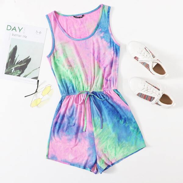 

Knot Waist Tie Dye Romper, Multicolor