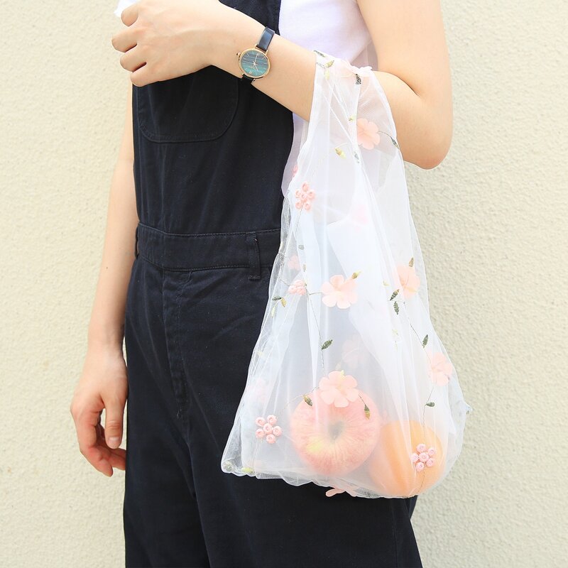 

Floral Embroidery Tote Bag, White