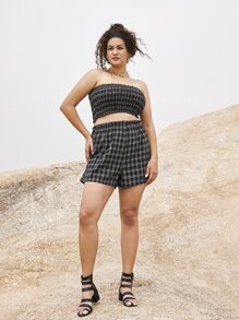 Plus Plaid Shirred Crop Tube Top & Shorts - Black - View 1