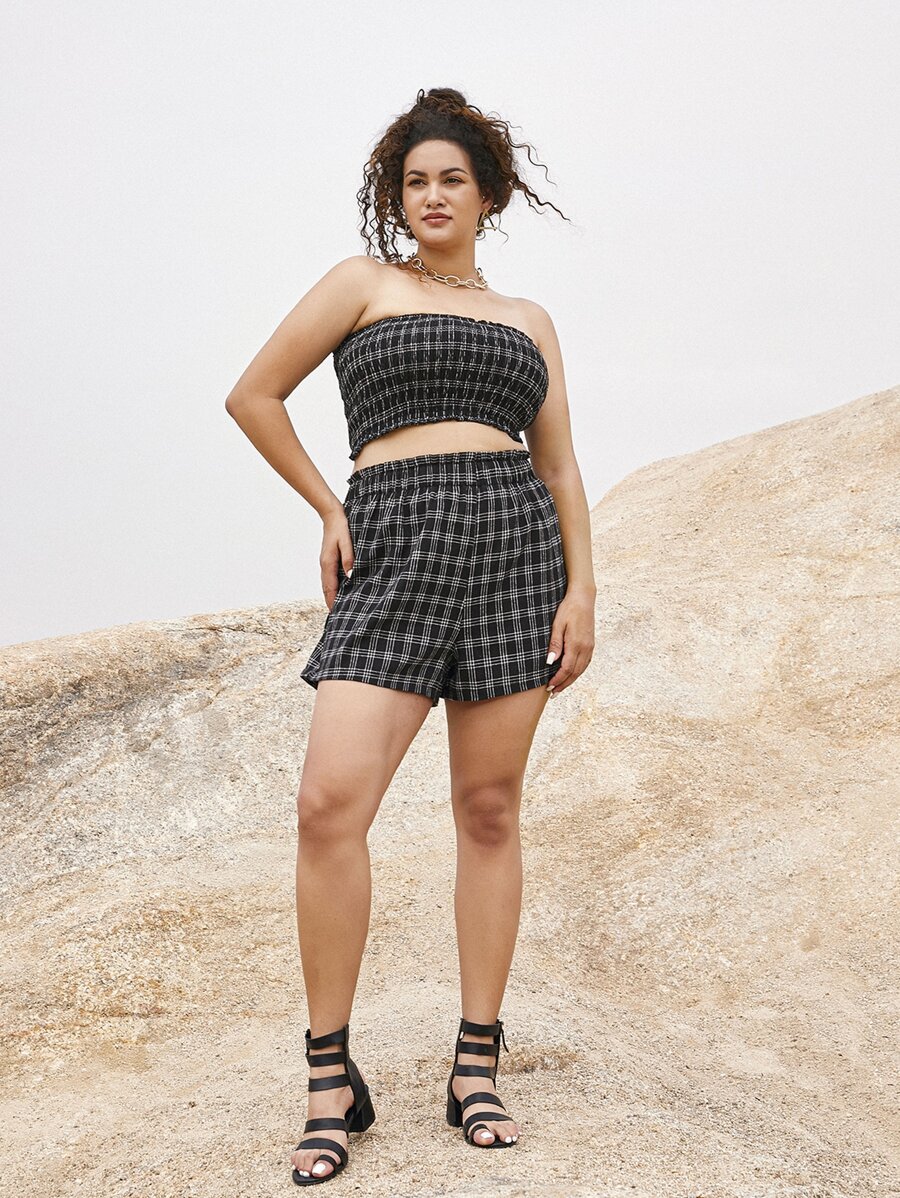 Plus Plaid Shirred Crop Tube Top & Shorts - Black - View 1