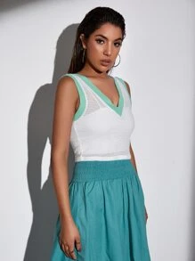 SHEIN Essnce Double V Neck Colorblock Pointelle Knit Tank Top Without Cami - White - View 1