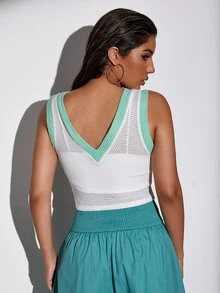 SHEIN Essnce Double V Neck Colorblock Pointelle Knit Tank Top Without Cami - White - View 2