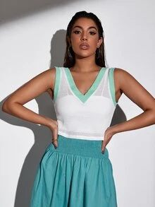 SHEIN Essnce Double V Neck Colorblock Pointelle Knit Tank Top Without Cami - White - View 5