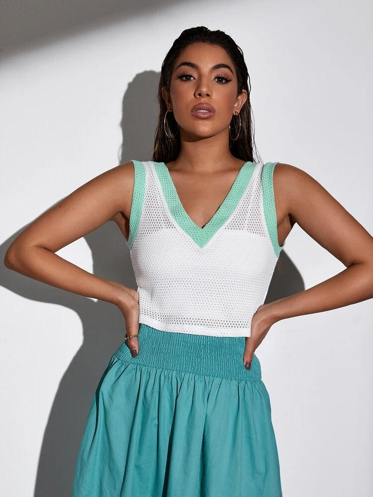 SHEIN Essnce Top tank tejido de malla de color combinado de cuello V sin cami - Blanco - Añade 5