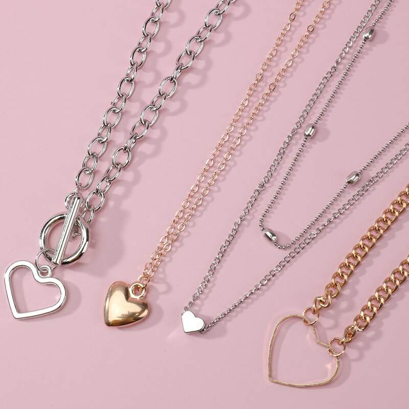 

4pcs Heart Chain Necklace, Multicolor