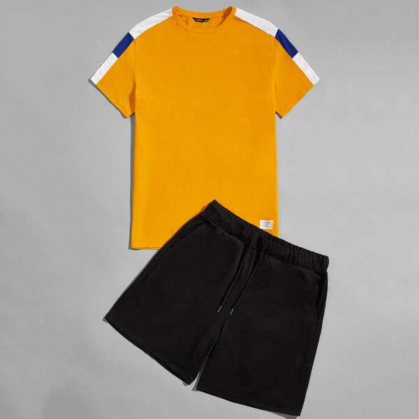 

Men Colorblock Letter Patched Tee & Drawstring Track Short Set, Multicolor