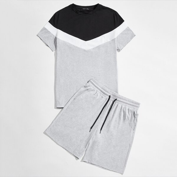 

Men Chevron Print Tee & Drawstring Track Shorts Set, Light grey