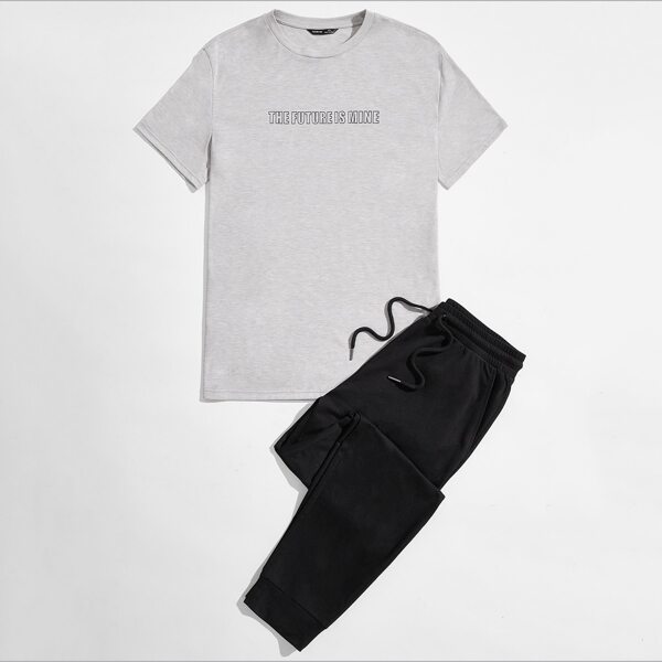 

Men Slogan Graphic Tee & Drawstring Joggers Set, Multicolor