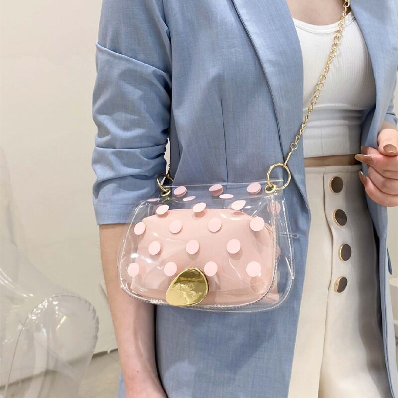 

Clear Polka Dot Chain Bag With Inner Pouch, Pink