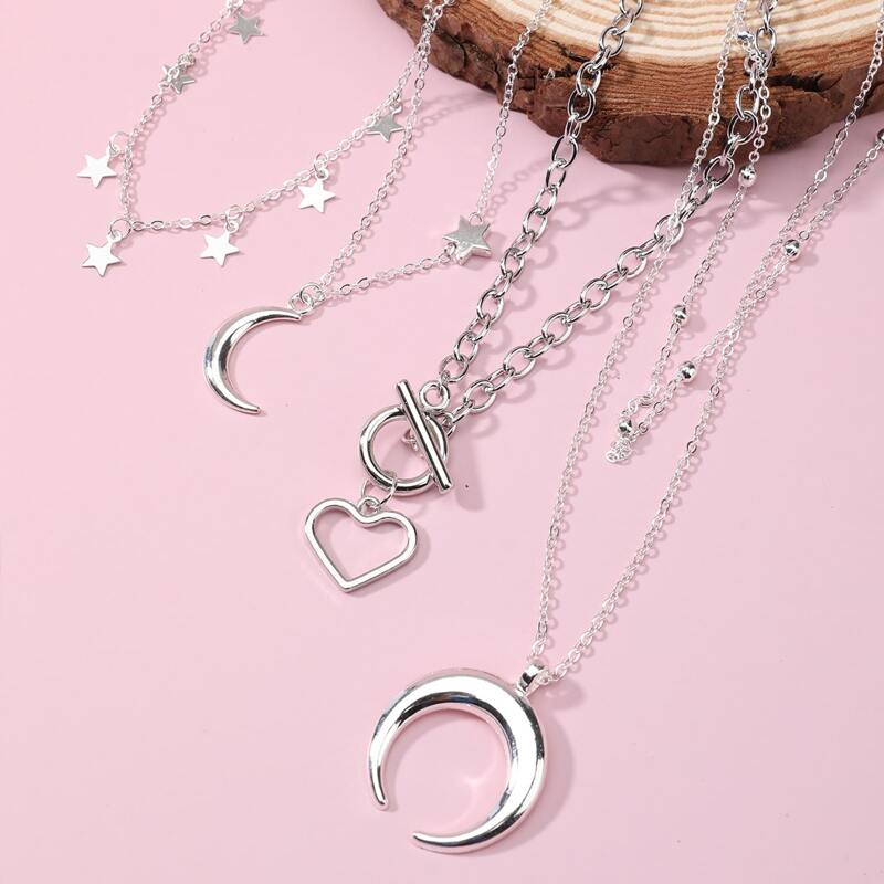 

4pcs Star & Heart Decor Chain Necklace, Silver