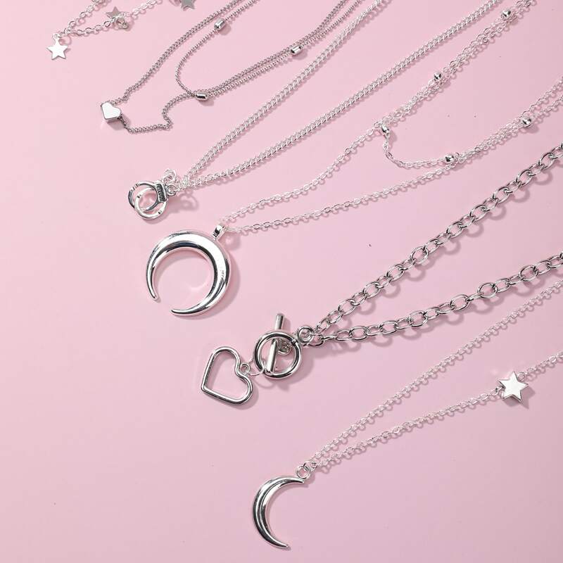 

6pcs Heart & Moon Pendant Necklace, Silver