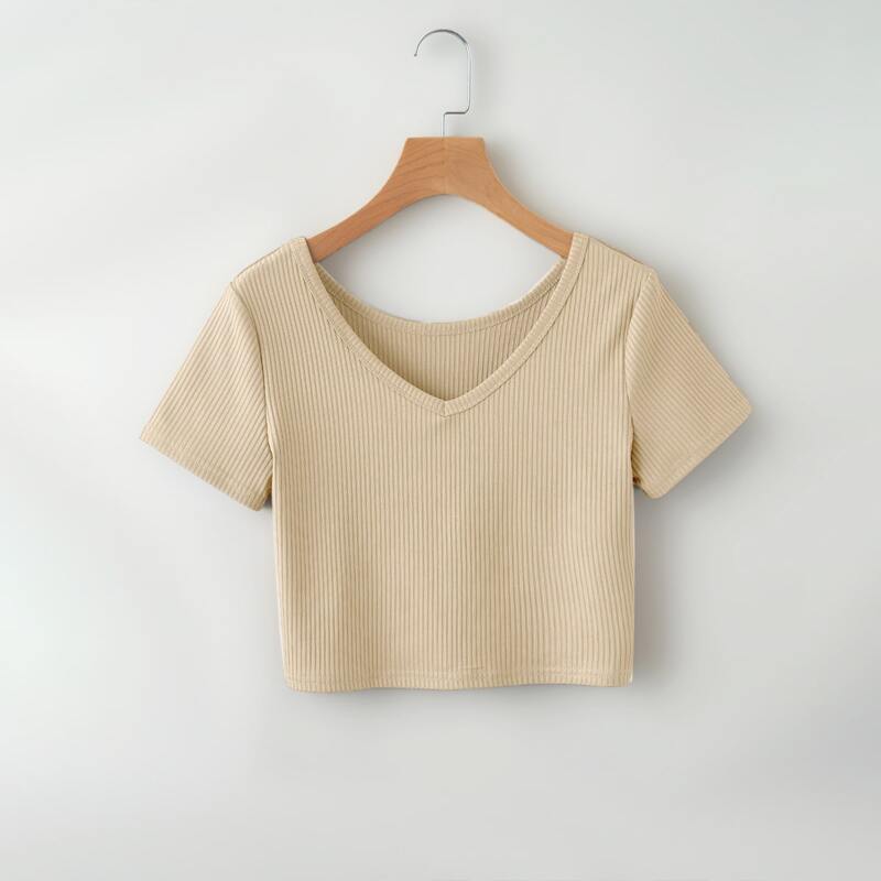 

Solid Ribbed Crop Tee, Apricot