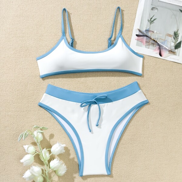 

Contrast Binding Knot Decor Bikini Swimsuit, White