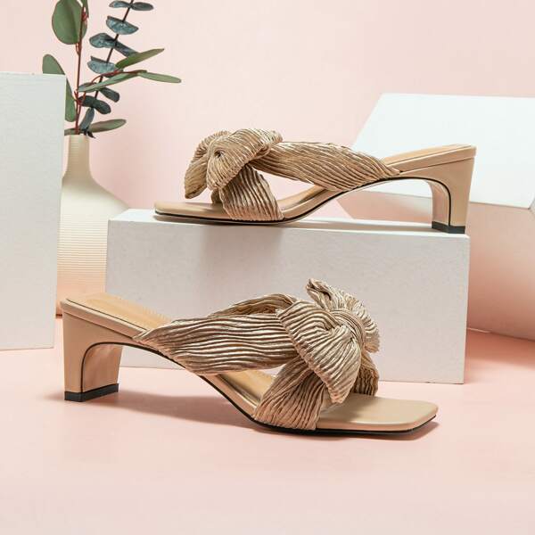 

Bow Decor Ruched Chunky Heeled Mules, Apricot