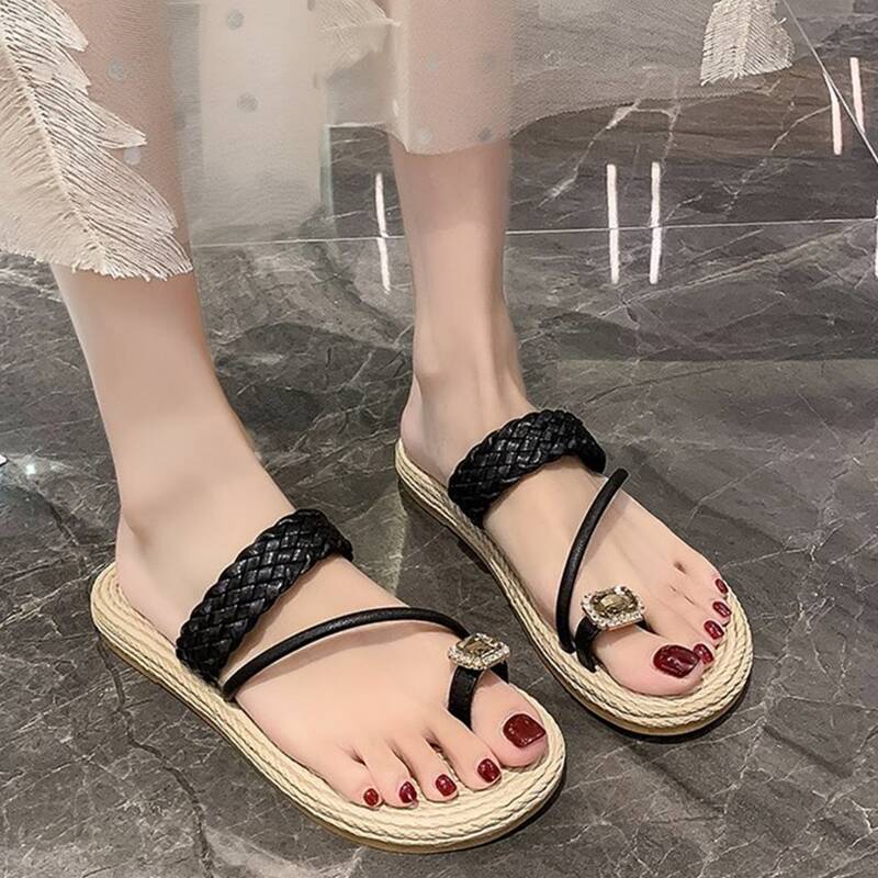 

Rhinestone Toe Ring Slide Sandals, Black