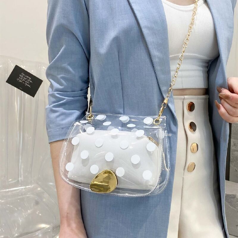 

Clear Polka Dot Chain Bag With Inner Pouch, White