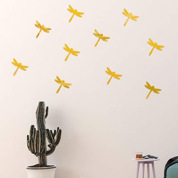 

10pcs Dragonfly Shaped Mirror Surface Wall Sticker, Gold