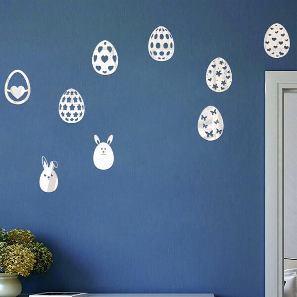 

9pcs Easter Design Mirror Surface Wall Sticker, Silver