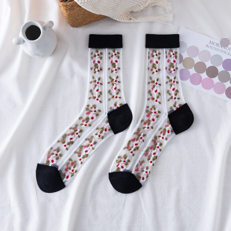 

1pair Floral Mesh Crew Socks, Black