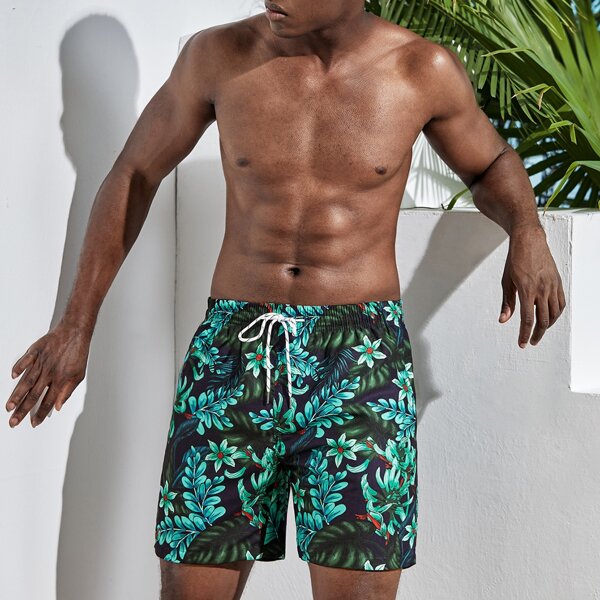 

Men Tropical Print Drawstring Swim Trunks, Multicolor