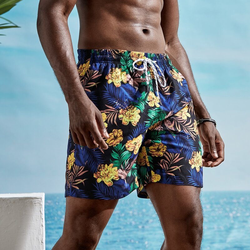 

Guys Tropical Print Drawstring Swim Trunks, Multicolor