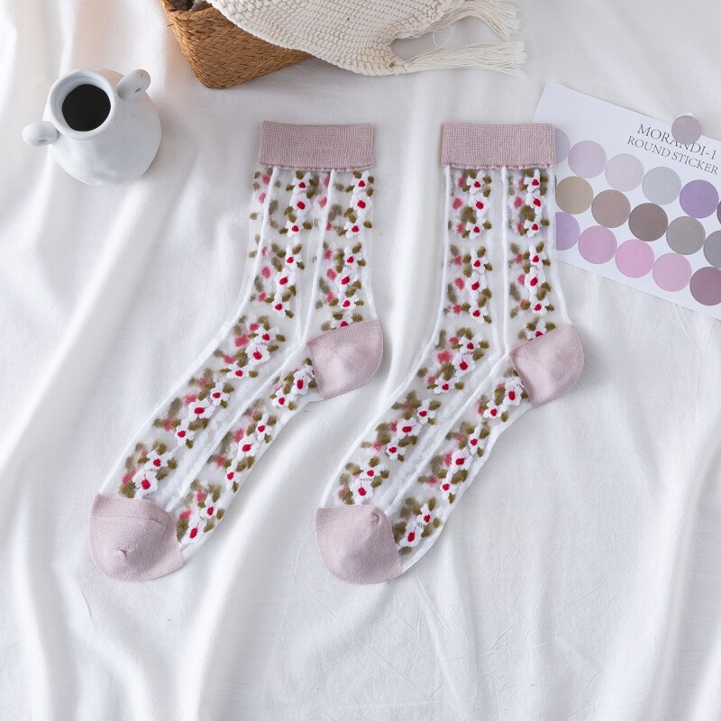 

1pair Floral Mesh Crew Socks, Multicolor