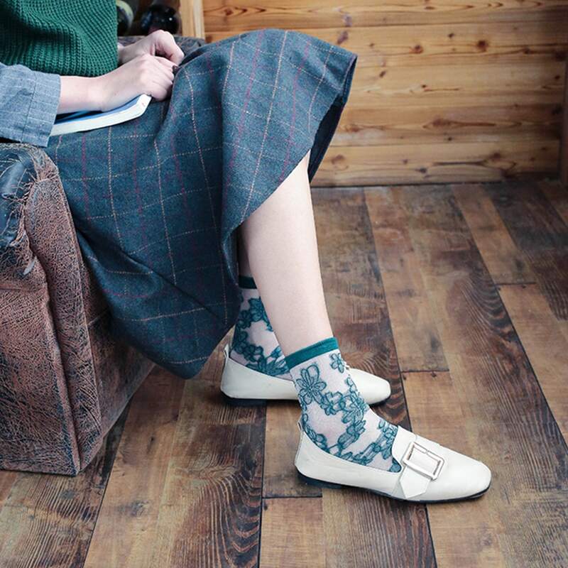

1pair Floral Crew Socks, Dark green