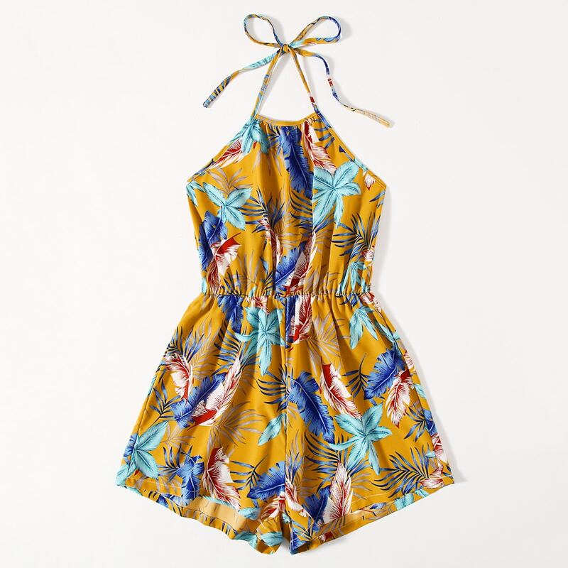 

Leaf Graphic Halter Romper, Multicolor