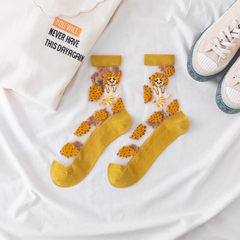 

1pair Cartoon Cat Mesh Crew Socks, Yellow