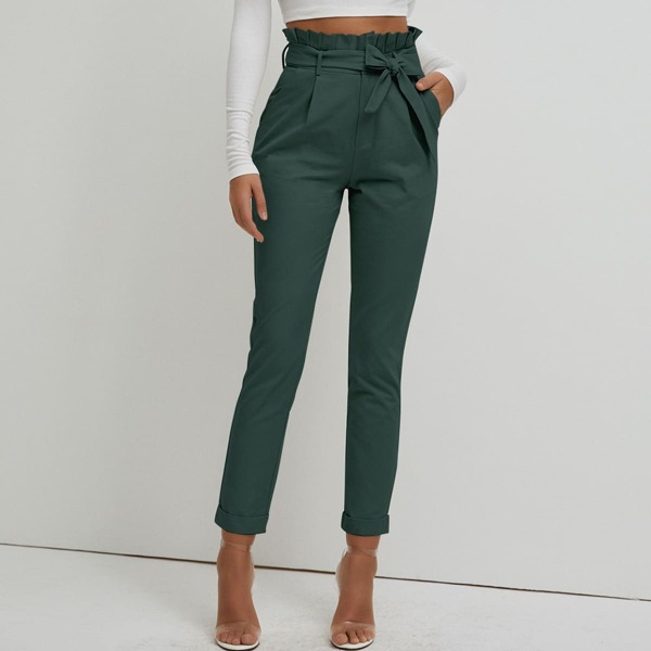 

Paperbag Waist Belted Pants, Dark green
