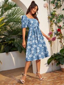 Puff Sleeve Belted Floral Dress - Blue and White - View 1