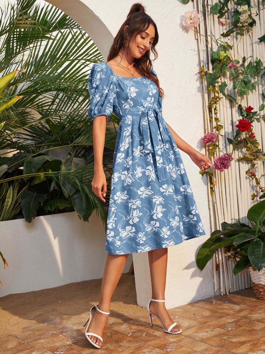 Puff Sleeve Belted Floral Dress - Blue and White - View 1