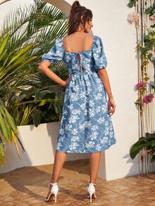 Puff Sleeve Belted Floral Dress - Blue and White - View 2