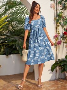Puff Sleeve Belted Floral Dress - Blue and White - View 3