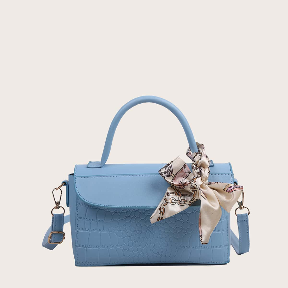 

Croc Embossed Scarf Knot Satchel Bag, Baby blue