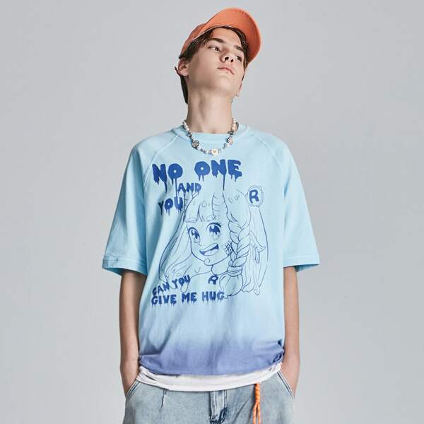

Men Cartoon & Slogan Graphic Ombre Tee, Baby blue