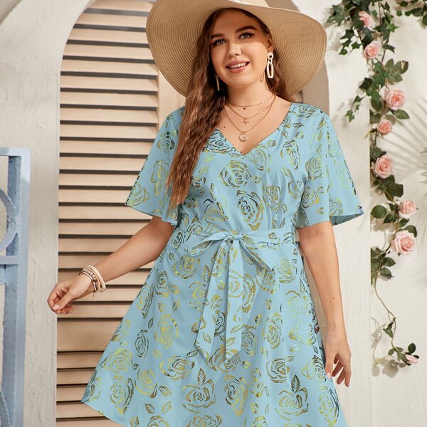 

Plus Gilding Floral Belted Dress, Mint blue