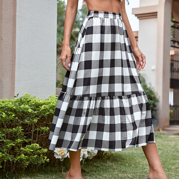 

Gingham Ruffle Hem Skirt, Black and white